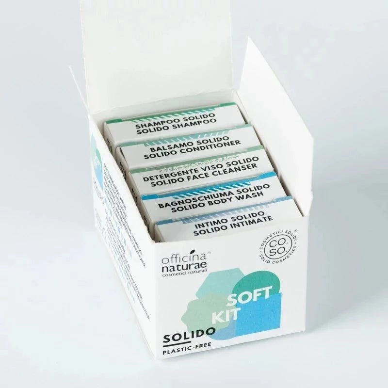 Kit Cosmetici Solidi Soft- Officina Naturae-Officina Naturae-bagnodoccia,bagnodoccia solido,bagnoschiuma,capelli,corpo,cosmetico solido,detergente intimo,detergente intimo solido,shampoo,shampoo solido