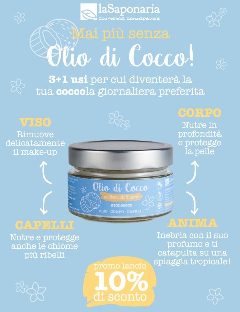 Olio di Cocco ai fiori di Tiarè biologico - La Saponaria-La Saponaria-capelli,corpo,olio di cocco,struccante,viso